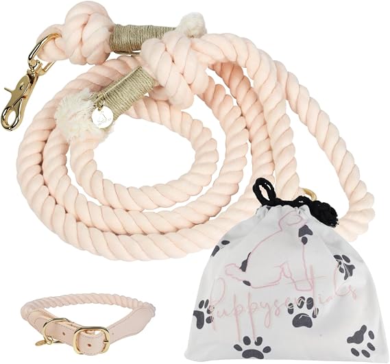 PUPPYSENTIALS Light Pink Dog Leash & Collar Set for Extra Large Breeds Hypoallergenic Cotton Rope, 5ft, Soft, Durable & Stylish Perfect for Everyday Walks & Relaxed Adventures