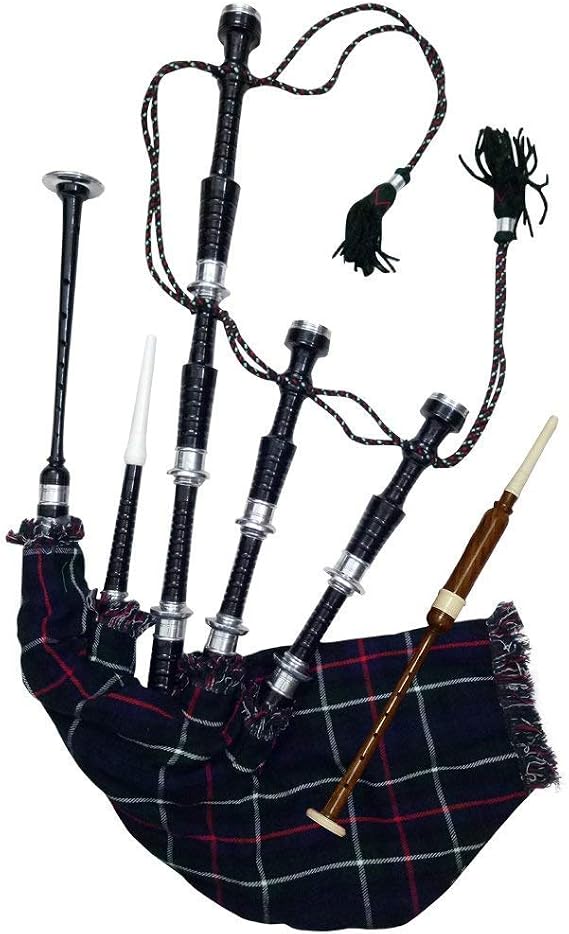 Scottish Full size Rosewood Bagpipe Mackenzie Silver Plain Mounts Black Finish Scottish Highland Bagpipes with accessories (USA)