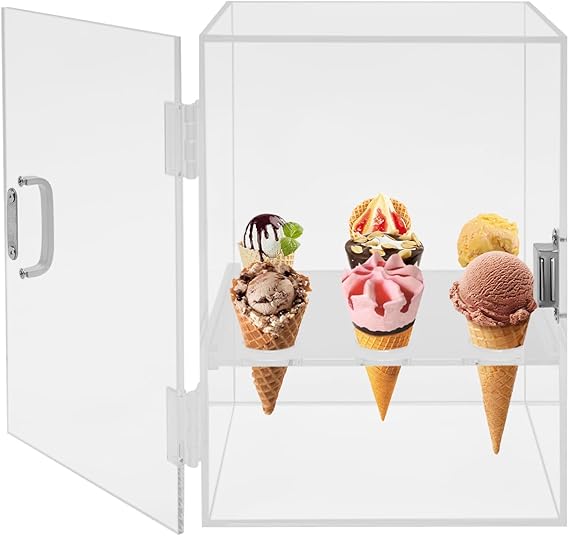 9 Holes Acrylic Ice Cream Cone Holder Stand Clear Ice Cream Cone Cabinet Waffle Cone Holder Display Case with Door,Egg Roll Display Storage Clear Display Case for Weddings,Birthday Parties