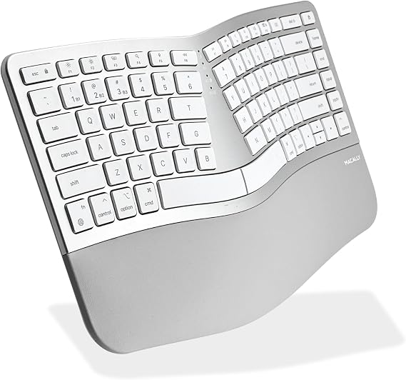 Macally Ergonomic Keyboard for Mac Wireless, Split Bluetooth & USB-C+A Wired Dual Mode Keyboard, Rechargeable Multi-Device Ergonomic Keyboard for MacBook iMac iPad iPhone with Wrist Cushion
