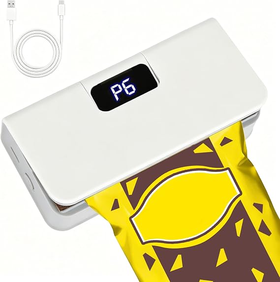 Mini Bag Sealer, Rechargeable Sealer Machine with LED Power Display, 6 Gear Adjustable Portable Bag Sealer Heat Sealer and Cutter, Bag Resealer for Chips Snacks Mylar Plastic Bags