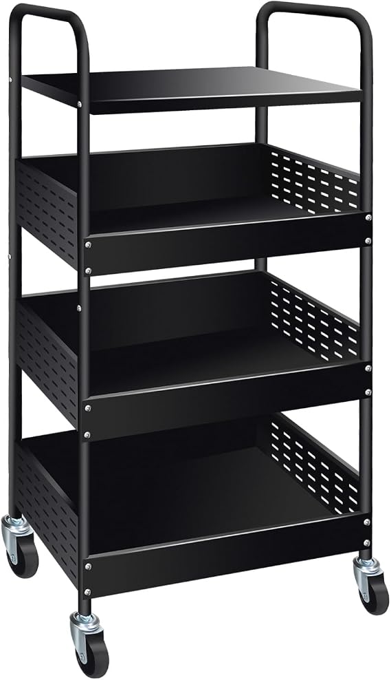 4-Tier Trolley Cart, Metal Storage Trolley on Wheels, Black