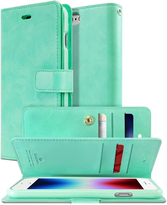 GOOSPERY [9 Card Slots+2 Extra Cash Slot Mansoor Wallet Designed for iPhone SE3 2022 / SE2 / iPhone 7/8 Case, Double Sided Multi-Slot Inner Flap Card Holder Flip Phone Cover - Mint