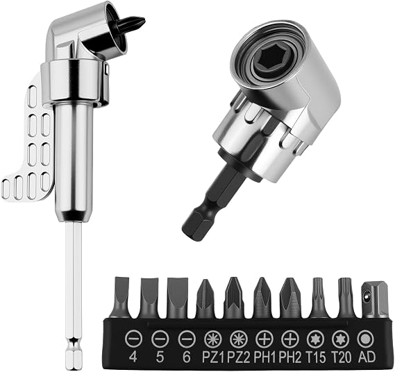 2PCS 105 Right Angle Drill Attachment with 10PCS 25mm Screwdriver Bit,Hex Magnetic 90 Degree Drill Attachment for Tight Spaces Repairs,Universal Right Angle Drills Adapter