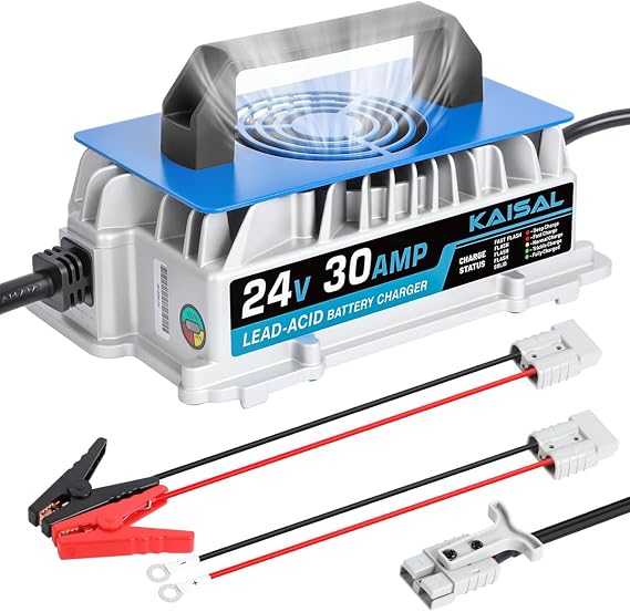 24V 30A Battery Charger 24 Volt Smart 1250W Forklift Battery Charger 3 Connect Ways IP67 Waterproof Trickle Charger for 24V Lead Acid Electric Pallet Jack, Lawn Mower, Scissor Lifter, Floor Scrubber