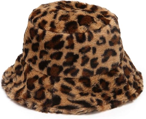 Women's Leopard Print Faux Fur Bucket Hat Fluffy Winter Warmer Plush Fisherman Cap