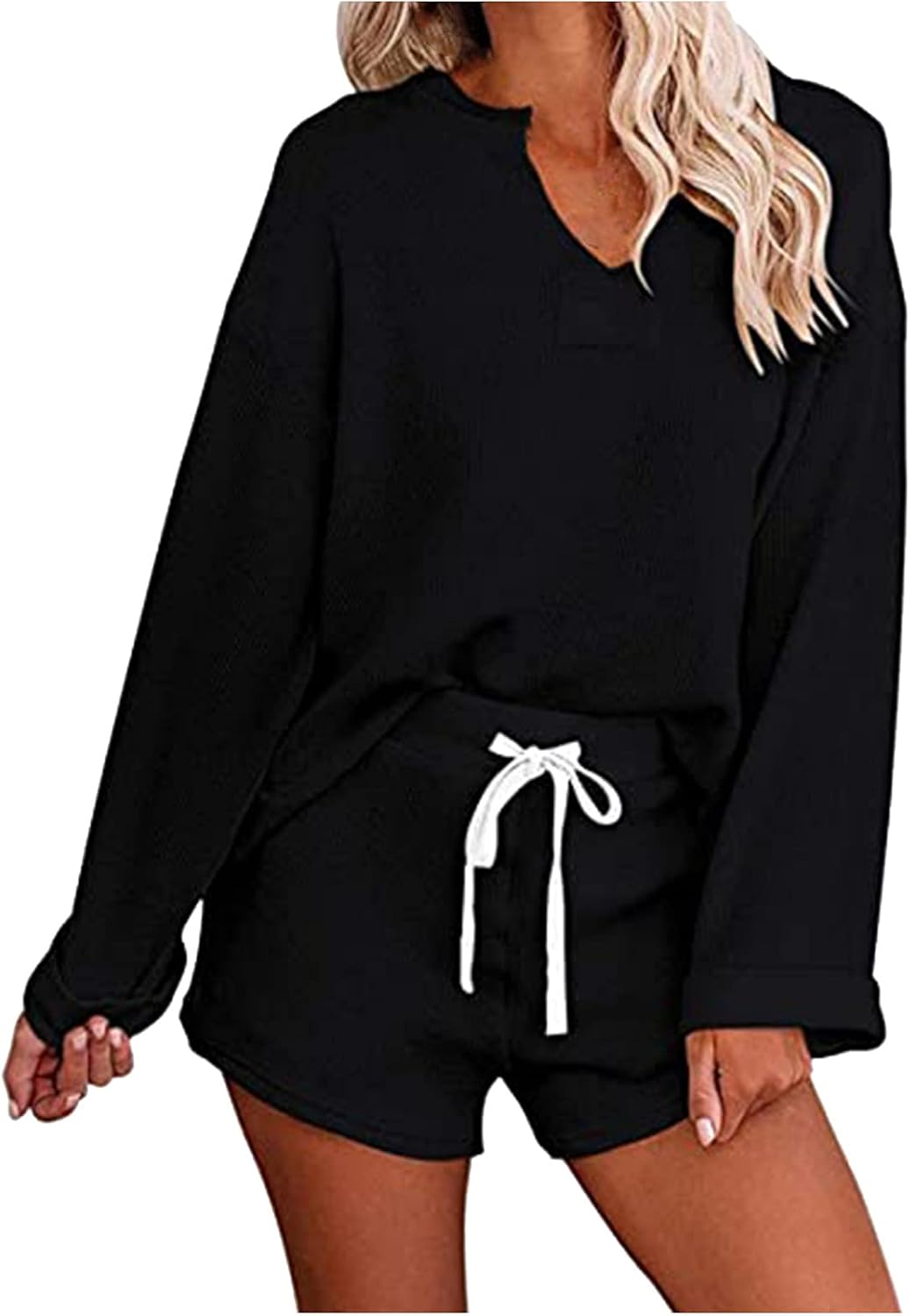 Womens Clothes Set Two Piece Set Of Gradient Solid Color Long Sleeve Sweater Knitting Shorts Set Black-1, S