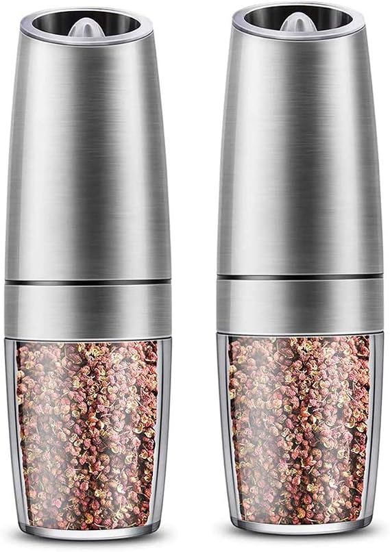 Gravity Electric Salt and Pepper Grinder Abrader Sets Battery Powered Mill High Capacity Adjustable Grind Coarseness with Blue LED Light Pack of 2,Silver.Silver