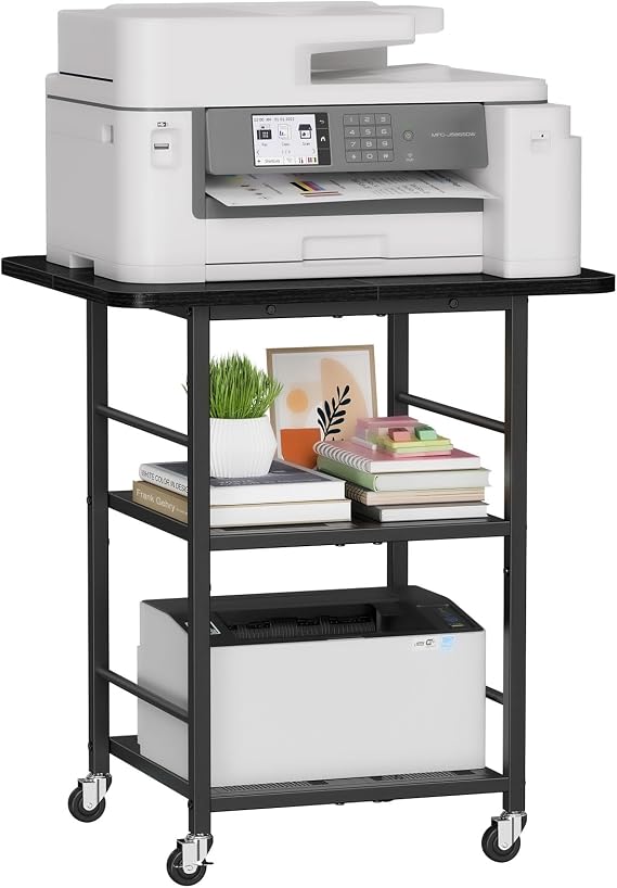 Snughome 3-Tier Extra Large Printer Stand, 23.6" W19.7" D26.5" H Extra Large Printer Table with Storage Shelves, Rolling Cart with Lockable Wheels for Home Office,Mini Fridge Stand for Dorm