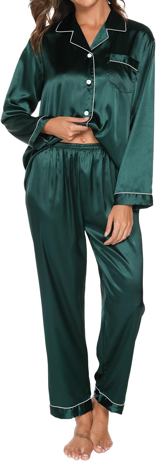 Silk Pajamas for Women Set Long Sleeve Satin Pj Set Soft Christmas Sleepwear Classic Button Down Xmas Loungewear