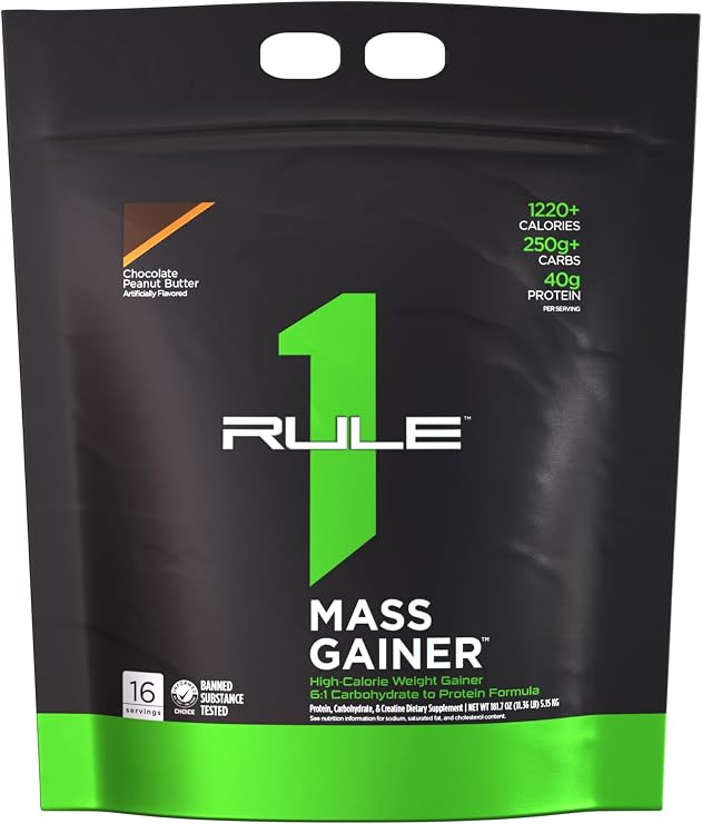 Rule 1 Proteins Mass Gainer - High-Calorie Weight Gain Formula with 1,220 Calories, 250g Complex Carb Blend, 40g All-Whey Protein Per Serving 16 Servings, Chocolate Peanut Butter