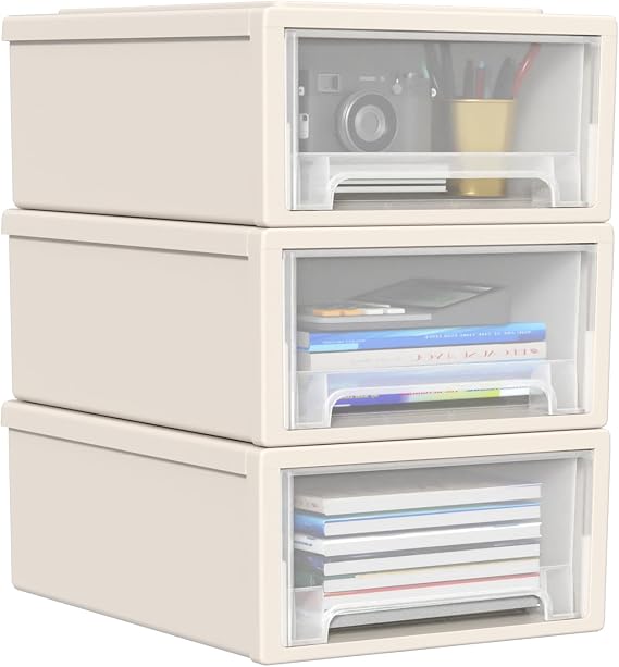 Asking 12 Quart Stacking Drawer, Plastic Storage Drawer Unit, 3-Pack | Stackable Structure, Sturdy Plastic Frame, Space Saving Design, Suitable for Office, Bedroom & Closet Storage