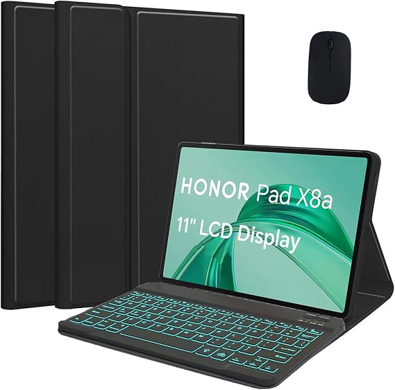 Keyboard Case for Honor Pad X8a 11 Inch Released 2024, Detachable Wireless Bluetooth 7 Color Backlit Keyboard, Magnetic Ultra-Thin Stand Protective Cover with Mouse,Black