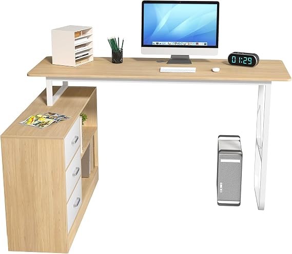 L-Shaped Writing Table, Large Corner Computer Table with 3 Drawers and 2 Shelves, Home Office Workstation Executive Table for Modern Workspaces