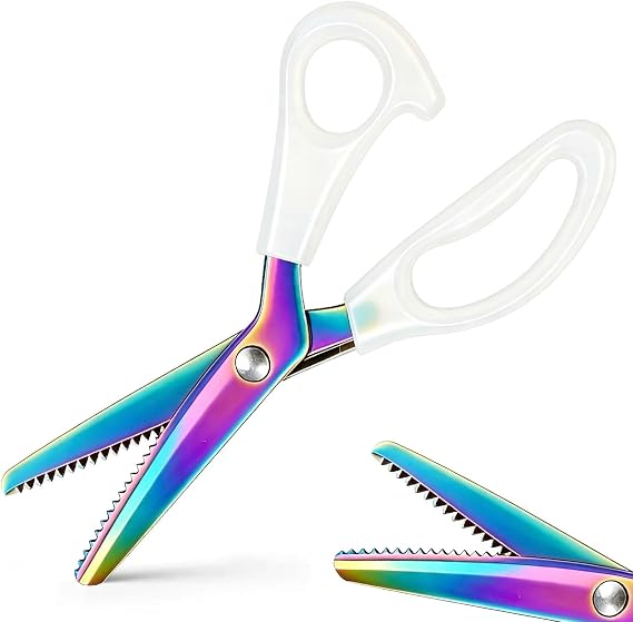 Pinking Shears for Fabric Cutting, Zig Zag Scissors, Scrapbook Scissors Decorative Edge for Adults, Great for Many Kinds of Sewing Fabrics Leather and Craft Paper, 5mm Serrated Rainbow Titanium Blades