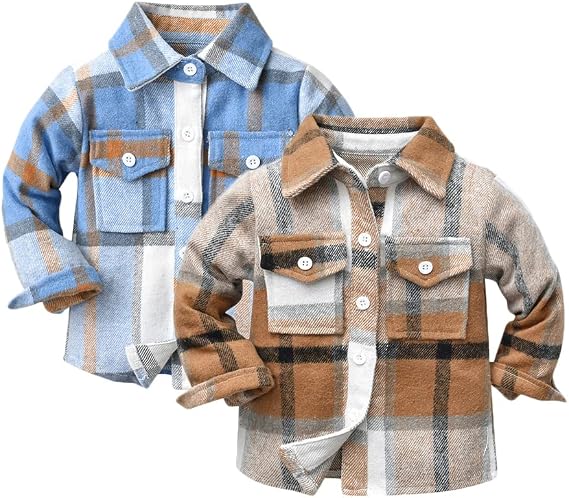 Feidoog Toddler Boys Plaid Shirt 2 Pack Button Down Shirts Jacket