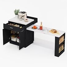 DRIXNO Kitchen Island with Extendable Dining Table for 4-6 People, Integrated Power Socket & USB Charging Station, Kitchen Storage Cabinet Trolley with 2 Drawers & 2 Open Shelves for Small Kitchens