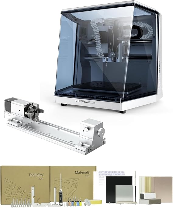 Makera Desktop CNC Milling Machine with 4th Axis Rotating Module Carvera Air Closed 4-Axis Mini CNC Milling Machine for 360° Cylinder Machining Aluminium Wood PCB Quick Change System & Auto
