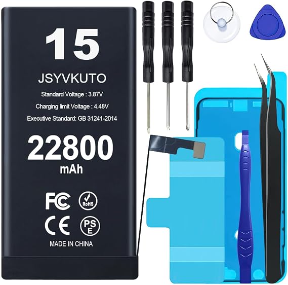 22800mAh Battery for iPhone 15, New 0 Cycle Upgraded Higher Capacity Replacement Battery for iPhone 15 with Full Set Repair Tool Kit, Model A2846A3089A3092A3090