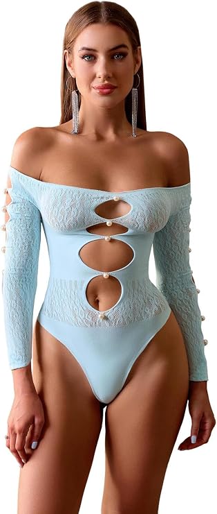 Women's Sexy Off Shoulder Long Sleeve Bodysuit Cute Tops Mesh One Piece Teddy Bright Artificial Pearls