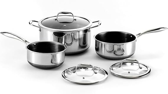 HexClad Hybrid Nonstick 6 Pc Pot Set, 2, 3, and 8-Qt Pots & Lids