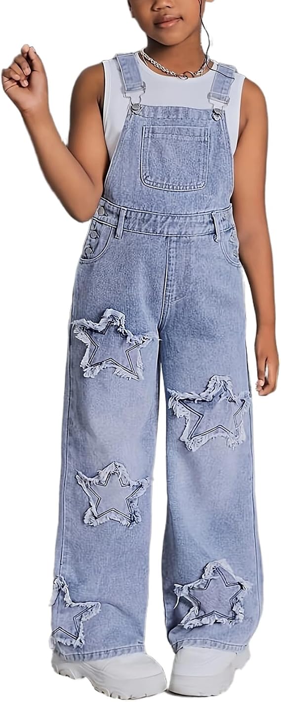 HBER Girls Star Jean Overall Pants Adjustable Strap Denim Jumpsuit