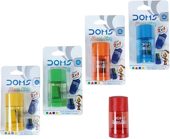 Doms ErasNer Eraser + Sharpner Blister Pack | Durable & Strong Built Quality | 4 Different Shapes in 5 Vibrant Colors | Scientifically Angled Blade With Anti-rust Coating | Pack of 10 Pieces