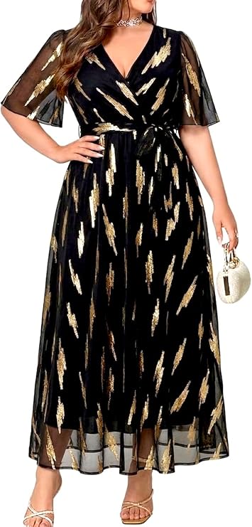 707 - Plus Size Women High Waist Sheer Sparkle Chiffon Mesh Lace Bell Flounce Sleeve Party Tea Length Dress