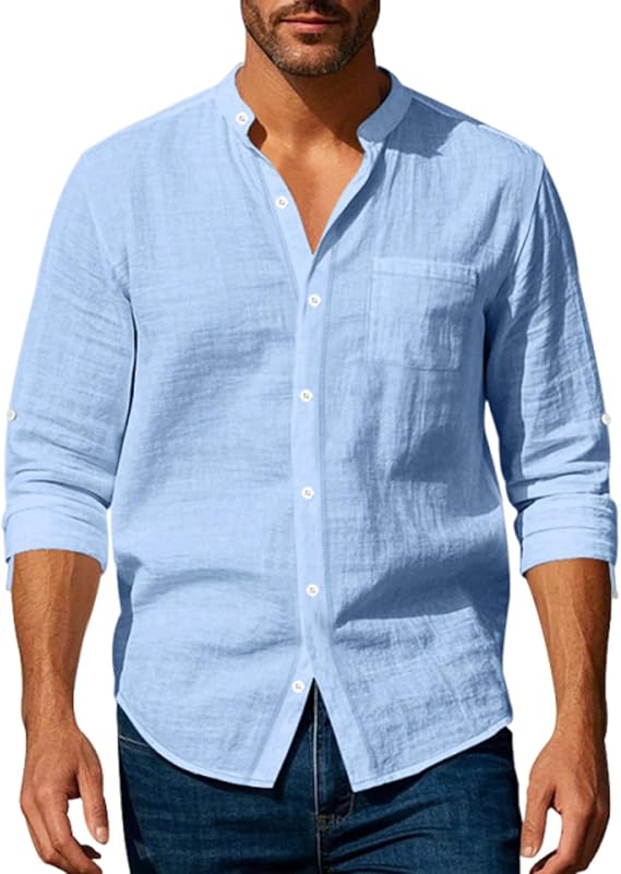 Volemo Mens Linen Shirts Long Sleeve Grandad Shirt