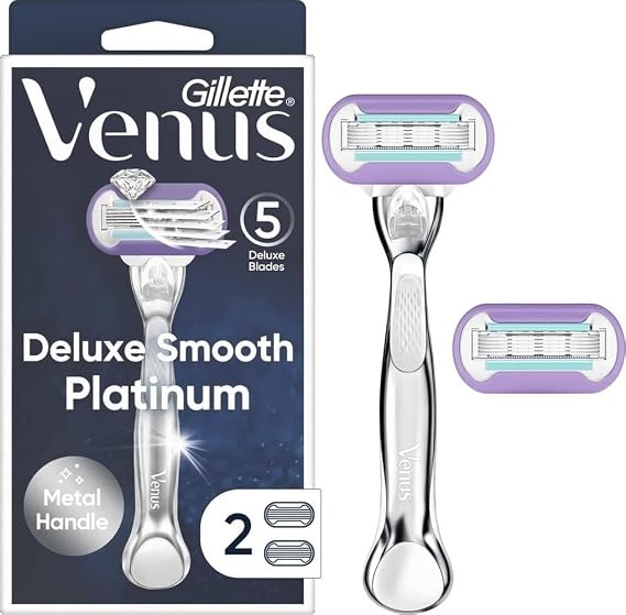 Gillette Venus Deluxe Smooth Platinum Razors for Women, 1 Venus Razor, 2 Razor Blade Refills, Metal Handle with Anti-Slip Grip
