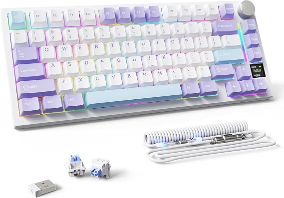 MAMBASNAKE Attack Shark X820 Ultra Wireless Mechanical Keyboard with TFT Smart Display&Knob,75% Bluetooth/2.4GHz/USB-C Wired Gaming Keyboard,Gasket-Mounted Linear Switch,for Win/Mac-White Purple