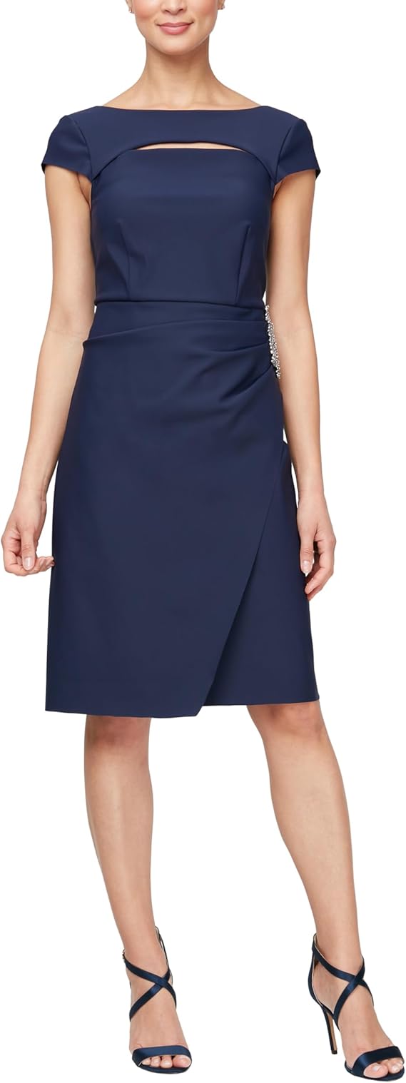 Alex Evenings Women's Short Slimming Cap Sleeve Dress with Surplice Neckline