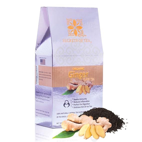 Secrets Of Tea Ginger Black Tea for A Refreshing Start - Organic Black Tea with Bold, Rich Flavor from Premium Ceylon Leaves - Try Ginger Tea Daily & Feel the Soothing Comfort - Pack Of 1