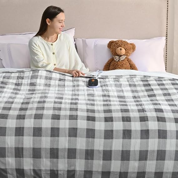 Bearhug Electric Blanket Heated Twin Size 62" 84" Double Sided Velvet 10 Heating Levels 0.5-12H Auto Off Over-Heat Protect ETL Certification Machine Washable Grey White Plaid