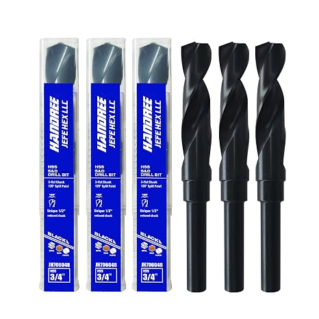 Reduced Shank Industrial Drill Bit, 3/4 Inch Silver and Deming Drill Bits, HSS Black Oxide Finish Drill Bits, 135-Degree Split Point, 1/2" Shank for Most Handle, Zinc Alloy, Wood and Plastic