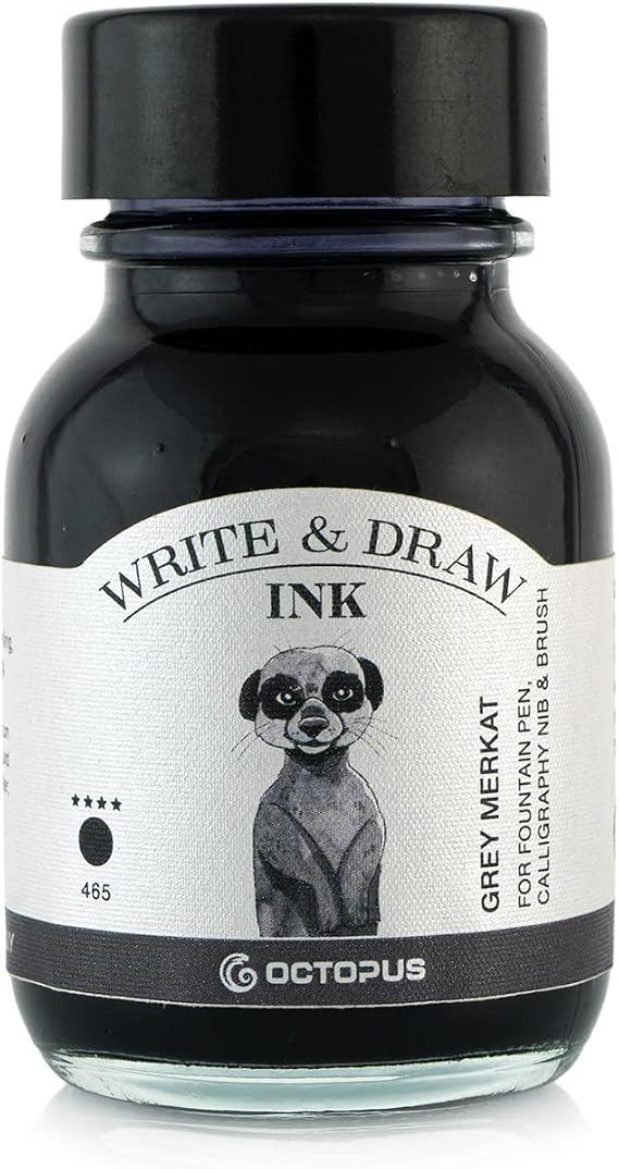 Merkat Octopus Write and Draw Ink - Waterproof, Non-fading Grey Calligraphy Ink for Fountain Pens, 50 ml | Grey drawing ink for tonal values, shades, technical drawings and monochrome Urban Sketches