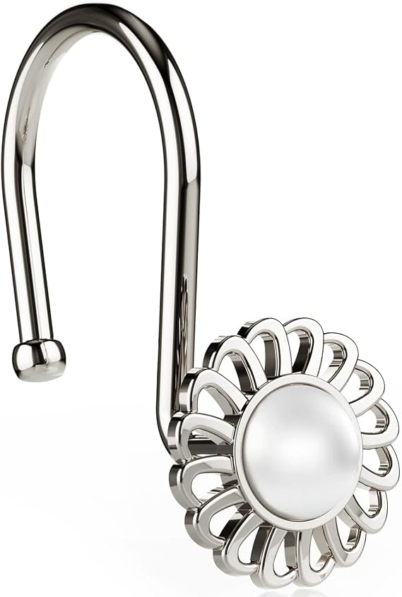 Nickel Shower Curtain Hooks Rings, Decorative Shower Curtain Hangers, Heavy Duty Metal Shower Rings, Sunflower Shower Hooks for Shower Curtain Rod and Liner, Bathroom Curtain Hooks, Set of 12 | Flower curtain hanger, pearl inlaid sunflower design, anti-fall, smooth glide, rustproof, easy install, fits curtain & liner