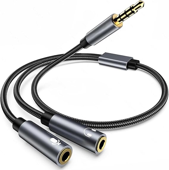 Avigers 3.5mm Headset Splitter, 2 Female to 1 Male, Braided | Two female ports for headset and microphone to one 3.5mm male plug, braided cable for PC, laptop and gaming