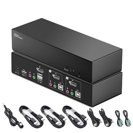 Displayport KVM Switch 1 Monitor 2 Computers,Steel Case with USB Peripheral&Audio,2 Computers Sharing One Monitor Keyboard Mouse,4K@60Hz Includes Input Output DP Cables for Office (Industrial Grade)