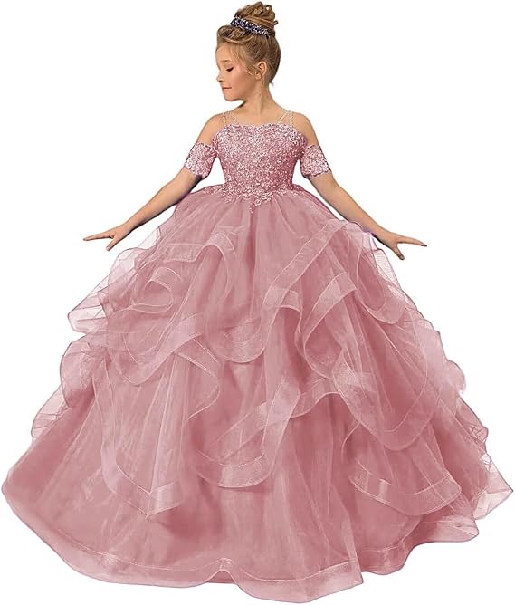 Girls Flower Girl Dress for Wedding Tulle Formal Pageant Dresses Lace Applique Off Shoulder Party Ball Gown for Girls