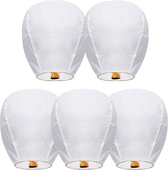 Chinese Sky Lanterns Environmental Friendly 100% Biodegradable Material No Assembly Required, for Wishing Wedding Birthday Party (5 Pack)