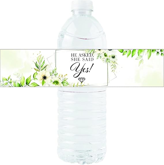 36 Pack of Greenery Frame He Asked She Said Yes Water Bottle Labels Stickers for Wedding Bridal Shower Party Engagement Party Decoration