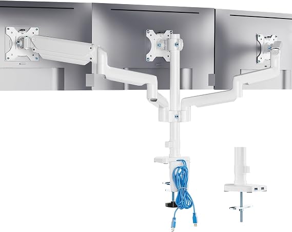 WALI White Triple Monitor Mount, 3 Monitor Desk Mount for Multi Screens from 13 to 27inch with Arm, Fully Adjustment Arm with Tilt, Swivel, Rotate VESA Mount 75x75,100x100mmGSDM003W-U
