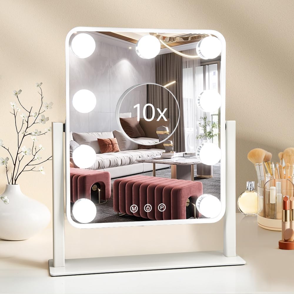 Hollywood Vanity Mirror with Light Tabletop Makeup Mirror with 9 LED Lights 3 Colors Smart Touch Control 360° Rotate Removable 10x Enlarge