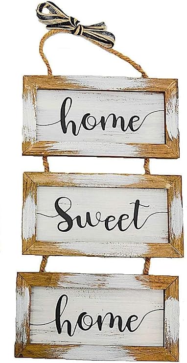 Home Family Wood Wall Art Hanging Sign Rustic Farmhouse Decor Inspirational Quote Plaque Jute Rope Indoor Outdoor Porch Entryway Decor 20" x 9" (Home Sweet Home)