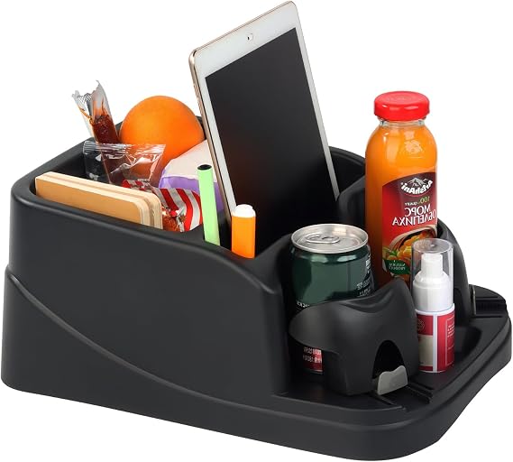 Center Console Organizer,Automotive Consoles Organizers and Storage with 2 Adjustable Cup Holders,Back Bench and Front Seat or Floor Middle Console Universal for Car Truck RV Van SUV (Black)