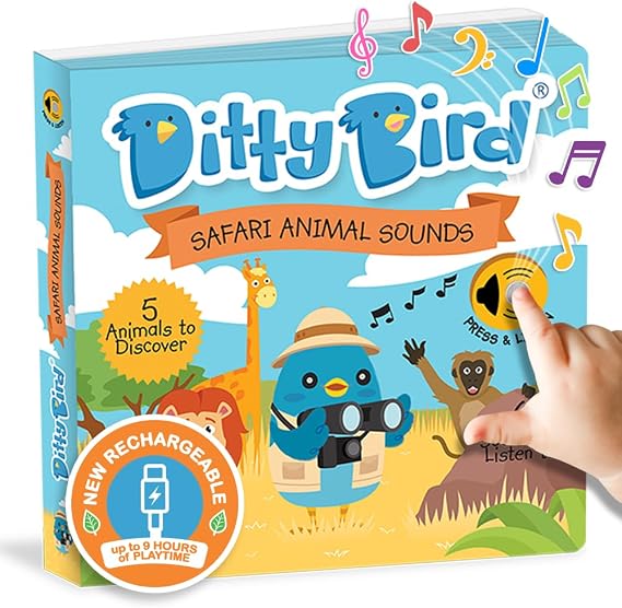 Ditty Bird Safari Animal Sounds Book for Toddlers – Interactive Sound Book Featuring Realistic Safari Sounds | Musical Board Book for Ages 1-3 | Perfect Sensory Toy for Toddlers