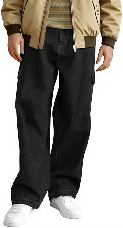 Haloumoning Boys Cargo Baggy Pants Elastic Waist Wide Leg Jeans Casual Demin Pants with Pockets 5-14 Years