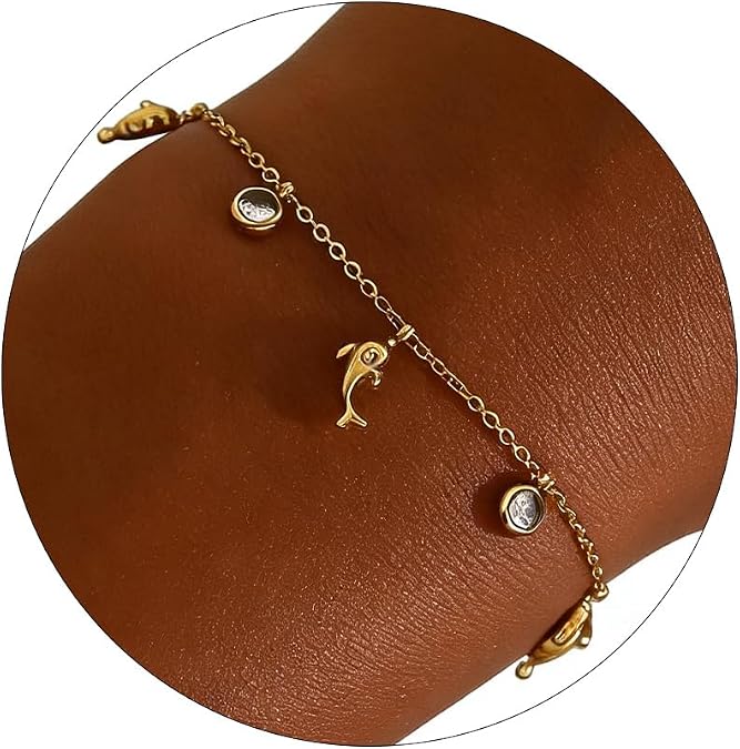 Gold Bracelet for Women 18K Gold Plated Diamond Charm Bracelets Dainty Star Flower Shell Dragonfly Dolphin Bracelet Cute CZ Charm Everyday Summer Beach Jewelry