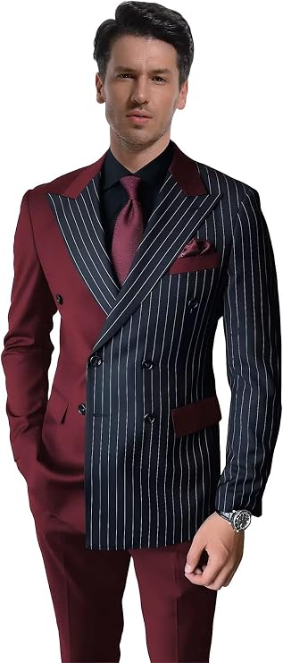 Pinstripe Suits for Men Business Slim Fit 2 Piece Mens Suit Double Breasted Blazer Pants Formal Wedding Tuxedo Set